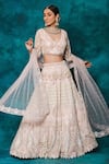 mehar_Pink Net Hand Embroidery Pearls V Neck And Stone Bridal Lehenga Set  _Online_at_Aza_Fashions