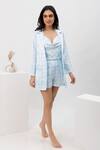 Dawn And Dusk_Blue Satin Printed Houndstooth Blazer Milky Gaze Shorts Set _Online_at_Aza_Fashions