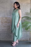 Cupid Cotton_Green Chanderi Silk, Organza Embroidery Round Asymmetric Hem Kurta Pant Set _Online_at_Aza_Fashions