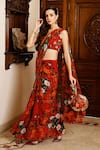 SANAM_Red Organza Floral Blooms V Neck Charlotte Soft Saree With Silk Blouse _Online_at_Aza_Fashions