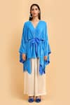 Label Ivish_Blue Silk V-neck Kimono Jacket And Trouser Set With Belt _Online_at_Aza_Fashions