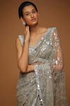 Neeta Lulla_Grey Tulle Embroidery Crystals V Neck Vesper Sheer Saree With Blouse For Women_Online_at_Aza_Fashions