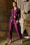 Eclat By Prerika Jalan_Wine Silk Chanderi Embroidered Pearls Cape  Spread Hand Jacket And Pant Set _Online_at_Aza_Fashions