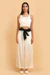 LABEL IVISH_Off White Pure Silk Charmeuse Satin Top And Trouser Set With Sash Belt  _Online_at_Aza_Fashions