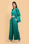 Label Ivish_Green Silk, Satin Round Neck Lapel Collar Blazer Trouser Set _Online_at_Aza_Fashions
