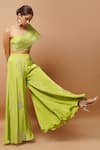 Ahi Clothing_Green Natural Crepe Hand Embroidered Zardosi One Shoulder Bustier And Palazzo Set _Online_at_Aza_Fashions