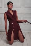 Couche_Maroon Double Crepe Lana Stretch Woven Plain Shirt Collar Slit Dress  _Online_at_Aza_Fashions