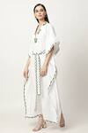 Musal_Ivory Cotton Linen Embroidery Leaf V Neck Kathy Neckline Kaftan _Online_at_Aza_Fashions