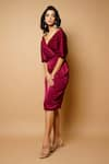 Ahi Clothing_Magenta Imported Velvet Plain Broad V Neck Wrap Dress _Online_at_Aza_Fashions