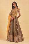 Aum By Asit And Ashima_Yellow Organza Embroidery, Cut Work Round Neck Floral Aari Lehenga Set _Online_at_Aza_Fashions