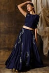 Eclat by Prerika Jalan_Blue Mysore Silk Embroidered Sequins Round Skirt With Draped Crop Top _Online_at_Aza_Fashions