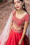 Shop_Keerthi Kadire_Red Raw Silk Scoop Neck Embroidered Bridal Lehenga Set _at_Aza_Fashions
