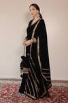 Shrutkirti_Black Silk, Velvet Embroidery, Sequins V-neck Kurta Set With Dupatta_Online_at_Aza_Fashions