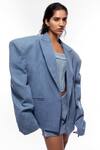 Deme by Gabriella_Blue Denim Blazer Lapel Collar And Corset Straight & Short Skirt Set _Online_at_Aza_Fashions