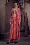 AFFROZ_Coral Viscose Crepe Printed Square Neck Jacket And Draped Skirt Set _Online_at_Aza_Fashions