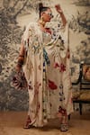 Kalista_Ivory Crepe Printed Botanical V Neck Lauren Pattern Kaftan _Online_at_Aza_Fashions