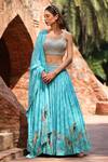 Tarini Vij_Blue Georgette Pearls, Surai Beads, Toucan Studded Blouse And Lehenga Set _Online_at_Aza_Fashions
