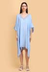 Label Ivish_Blue Silk, Chiffon Diamonds V-neck Embroidered Kaftan _Online_at_Aza_Fashions