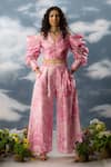 SAKSHAM & NEHARICKA_Pink Printed Floral Blazer Notched Acai Waistcoat And Pant Set _Online_at_Aza_Fashions