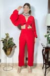 Couche_Red Punto Woven Plain V Neck Crop Top And High Waisted Pant Set  _Online_at_Aza_Fashions