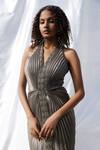 Zwaan_Grey Organza, Satin Beads V-neck Pleated Gown_Online_at_Aza_Fashions