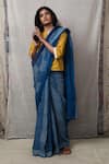 Banana Labs_Blue Cotton Stripe Round Saree With Crop Top _Online_at_Aza_Fashions