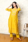 Tatwa_Yellow Handloom Cotton, Viscose, Silk Embroidery Round Neck Kurta And Pant Set _Online_at_Aza_Fashions