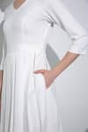 Pocketful Of Cherrie_White Crepe Plain V Neck Box Pleated Three Quarter Sleeve Dress  _Online_at_Aza_Fashions