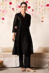 Marche_Black Kurta  Chanderi V Neck A-line And Pant Set _Online_at_Aza_Fashions