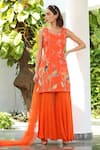 Tarini Vij_Orange Dupatta Net, Kurta Calcut Silk, Sharara Tropicana Print And Set _Online_at_Aza_Fashions