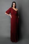 Swatee Singh_Maroon Georgette Solid One Shoulder Pleated Hem Gown _Online_at_Aza_Fashions