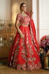 Shop_Nehha Nhata_Red Organza Hand Embroidered Floral Thread And Dabka Patterns Bridal Lehenga Set _Online_at_Aza_Fashions