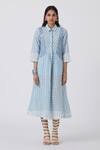 The Summer House_Blue Cotton, Linen Embroidery Collared Mishka Gingham Pattern Midi Dress_Online_at_Aza_Fashions