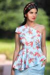 Tarini Vij_Blue Natural Crepe Tropicana One Shoulder Printed Peplum Top And Pant Set _Online_at_Aza_Fashions