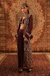 Aditi Gupta_Wine Satin Woven And Embroidered Jamawar Kashida Draped Skirt Set  _Online_at_Aza_Fashions