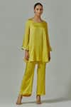 HOUSE OF TA-YA_Yellow Modal Satin Hand Embroidered Cutdana Round Neck Kurta Straight Pant Set _Online_at_Aza_Fashions