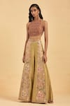 Aum By Asit And Ashima_Beige Silk Hand Embroidered Thread Halter Floral Panelled Sharara And Blouse Set _Online_at_Aza_Fashions