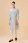 Raghavendra Rathore Blue_Grey Raw Silk Plain Band Collar Kurta _Online_at_Aza_Fashions