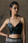 AKHL_Black Patent Leather Plain V Neck Crop Top _Online_at_Aza_Fashions