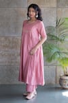 Cupid Cotton_Pink Chanderi Silk Embroidery Floral Round Kalidar Kurta Pant Set _Online_at_Aza_Fashions