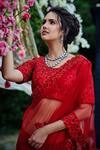 Suruchi Parakh Red Net, Tussar Silk Floral Round Embroidered Saree With Blouse Online at Aza Fashions Suruchi Parakh_Red Net, Tussar Silk Floral Round Embroidered Saree With Blouse_Online_at_Aza_Fashions