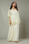 I am Design_Ivory Chiffon Hand Embroidered Floral French Vanilla Palazzo And Kaftan Set _Online_at_Aza_Fashions