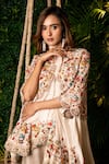 Pallavi Poddar_Ivory Dupion Embroidery Thread And Pearls Collared Neck Floral Cape & Pant Set _Online_at_Aza_Fashions