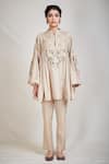 Sue Mue_Beige Cotton Mandarin Collar Embroidered Flared Short Tunic _Online_at_Aza_Fashions