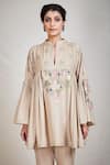 Buy_Sue Mue_Beige Cotton Mandarin Collar Embroidered Flared Short Tunic _at_Aza_Fashions