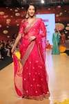 Buy_Gopi Vaid_Pink Blouse Brocade Skirt Brocade Saree Organza Embroidery V Neck Set_at_Aza_Fashions