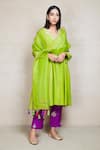 Buy_Sue Mue_Green Silk Embroidery V Neck Kurta Set _at_Aza_Fashions