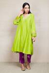 Sue Mue_Green Silk Embroidery V Neck Kurta Set _Online_at_Aza_Fashions