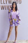 Buy_Mandira Wirk Resort_Blue Satin Embroidery Jacket Lapel Collar Bustier Printed And Shorts Set _at_Aza_Fashions