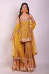 Buy_Gopi Vaid_Yellow Tussar Dupatta Net Scoop Neck Printed Kurta And Sharara Set  _at_Aza_Fashions